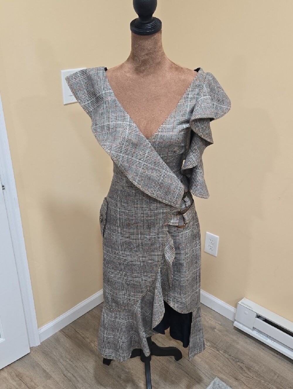 NWT! Self-Portrait Gray Plaid Ruffle Midi Dress - Picture 2 of 11